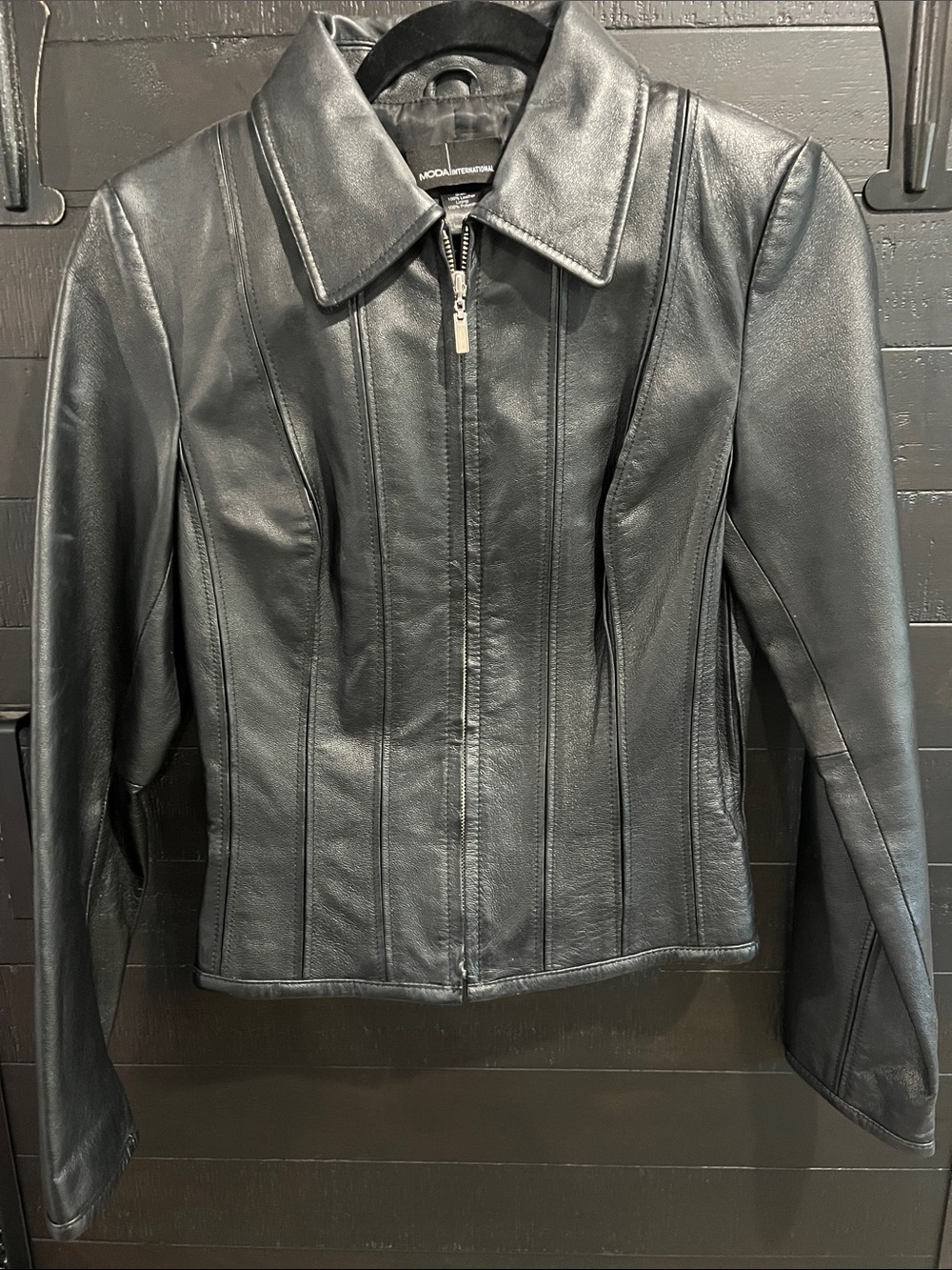 Moda International Black Leather Fitted Zip Jacket